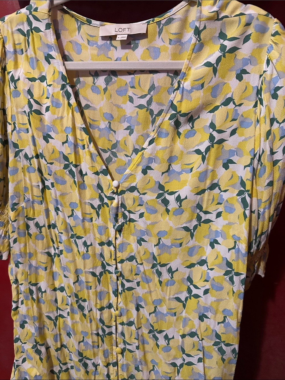 LOFT Yellow Floral V-Neck Button-Front Blouse with Green Accents